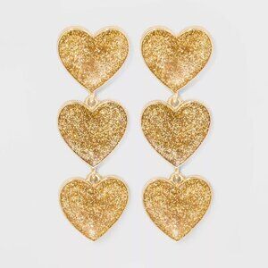 Glittering Gold Glitter Tiered Heart Earrings